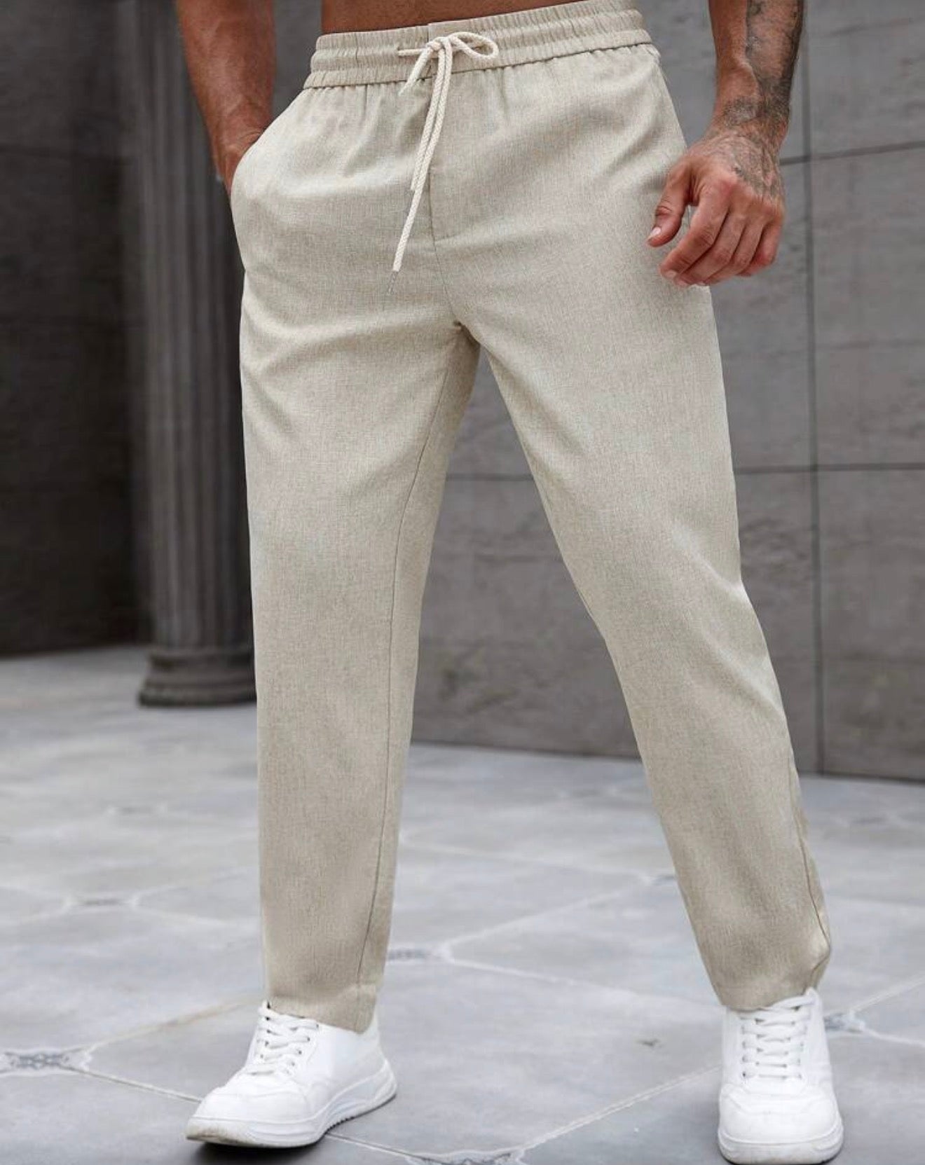 Beige Linen-Style Jogger Trousers