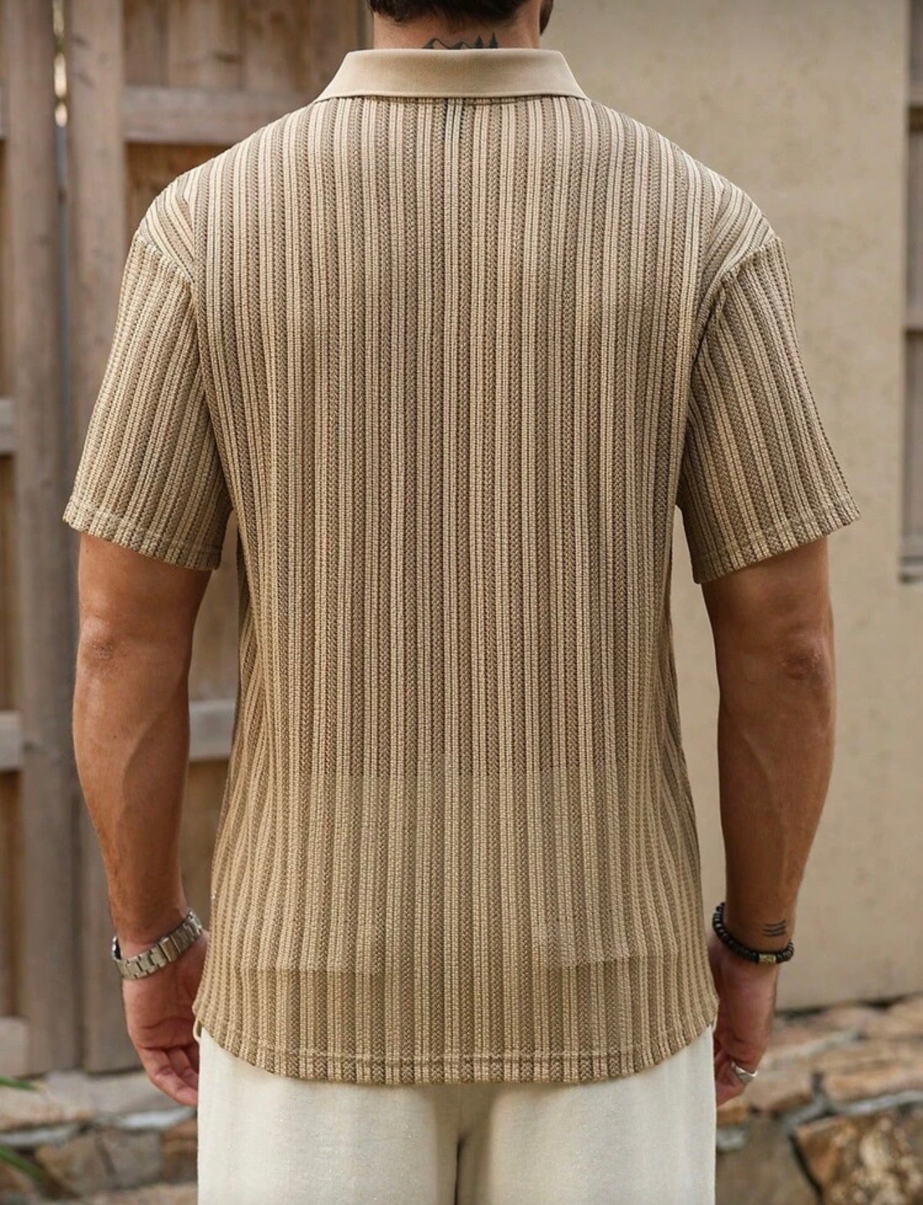 Ribbed Knit Polo Shirt – Beige Brown