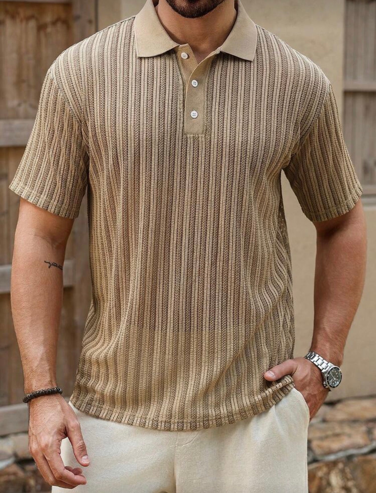 Ribbed Knit Polo Shirt – Beige Brown