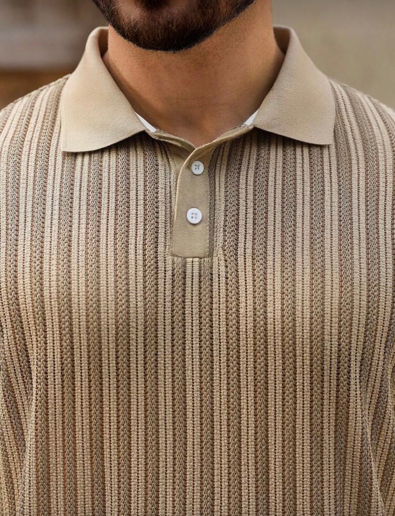Ribbed Knit Polo Shirt – Beige Brown