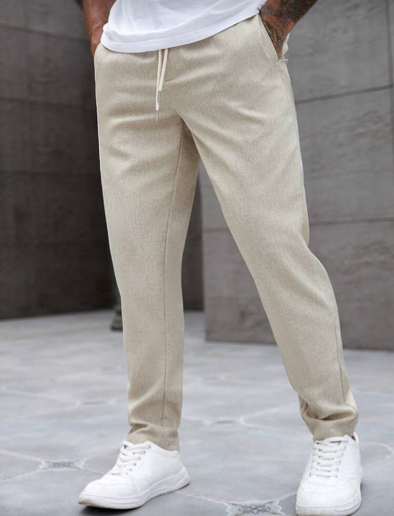 Beige Linen-Style Jogger Trousers