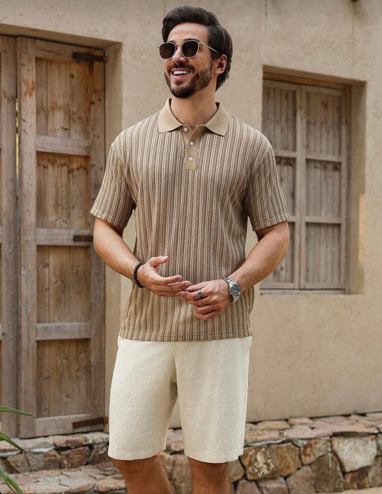 Ribbed Knit Polo Shirt – Beige Brown